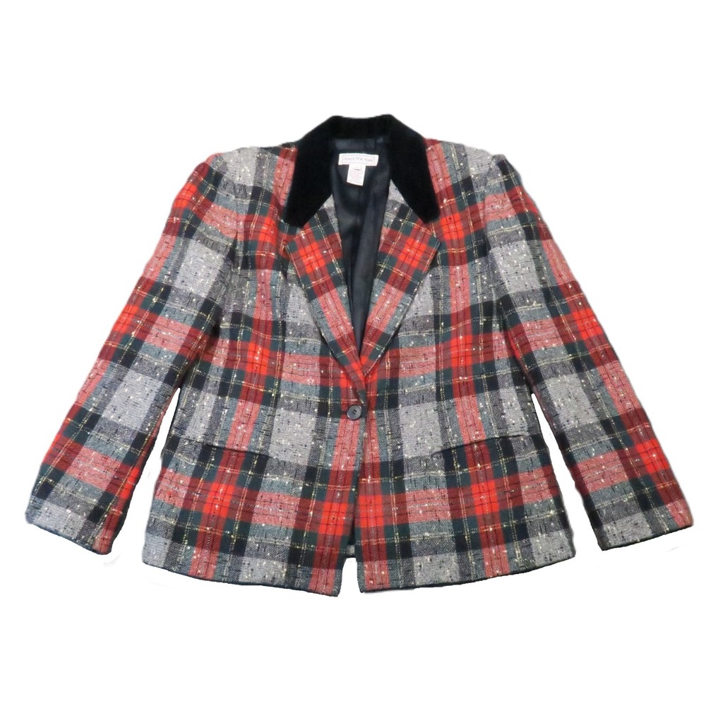 Jones New York Blazer 10 Red Green Plaid Wool Velvet Collar Holiday Christmas
